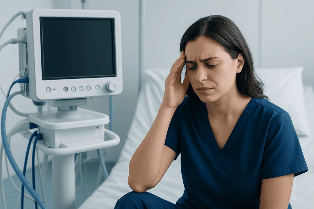 Woman with headache in hospital room near medical monitor.