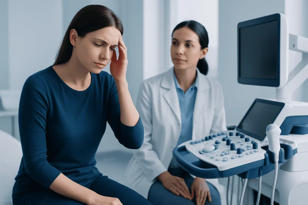 Woman experiencing headache during medical consultation at hospital.