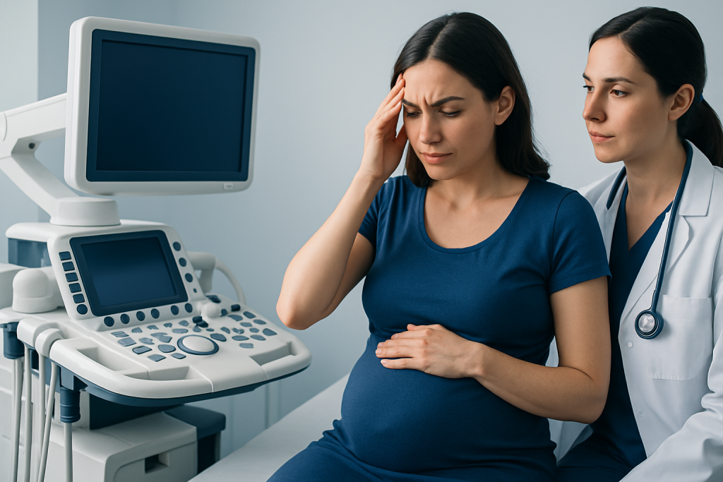 Pregnant woman experiencing headache during ultrasound consultation.