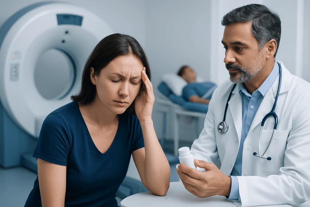Woman with headache consulting a doctor in a hospital setting.