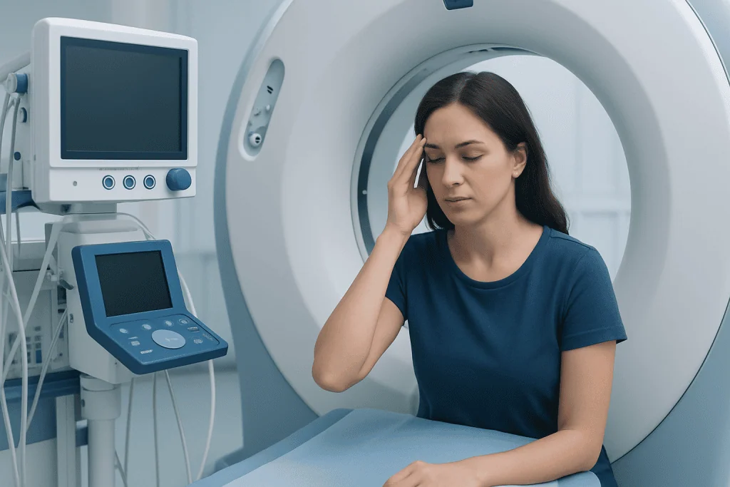 Woman experiencing headache during a medical scan at a hospital.