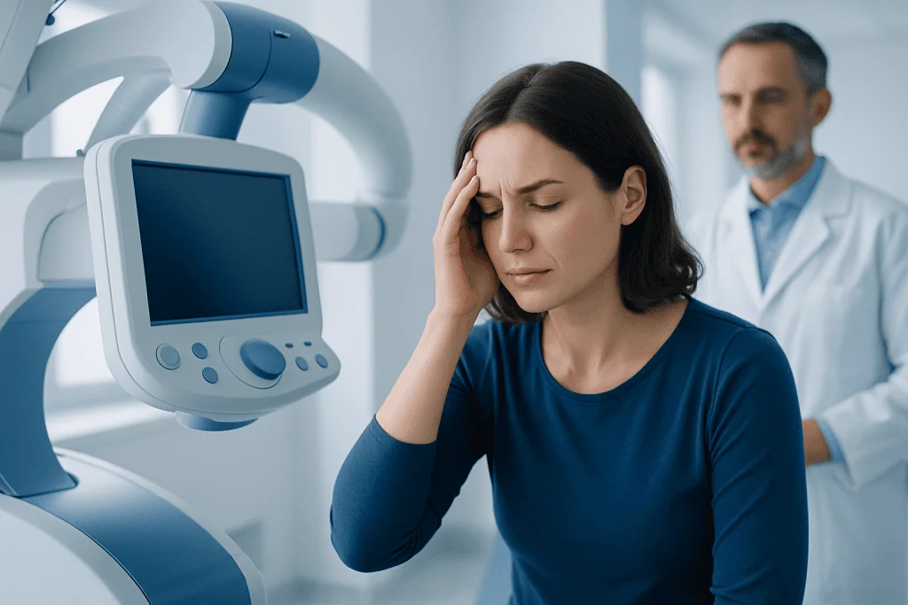 Woman experiencing headache during medical examination at hospital.
