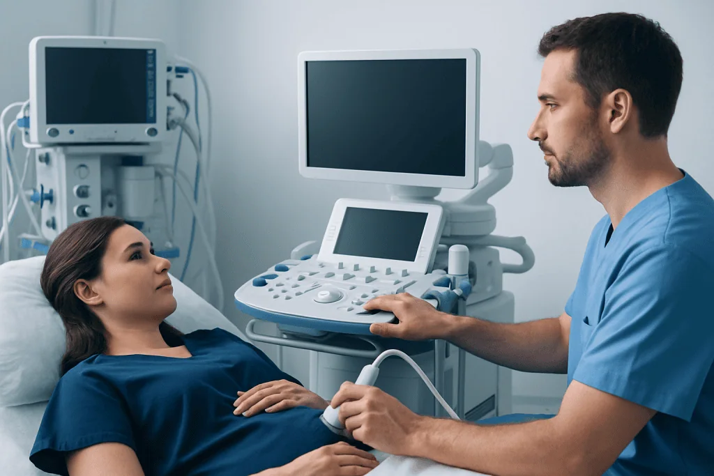 Doctor performing an ultrasound examination on a patient in a hospital room.