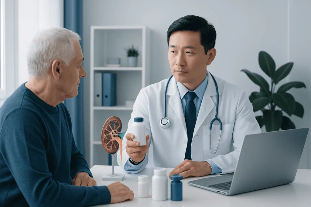 Doctor explaining medication options to elderly patient with kidney model.