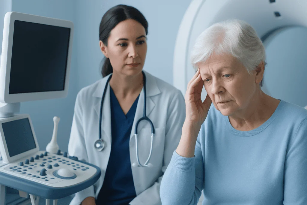 Doctor consulting elderly woman during medical examination in hospital.