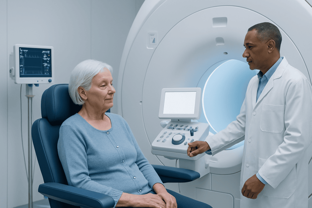 Senior woman undergoing MRI scan at Acibadem Hospital.