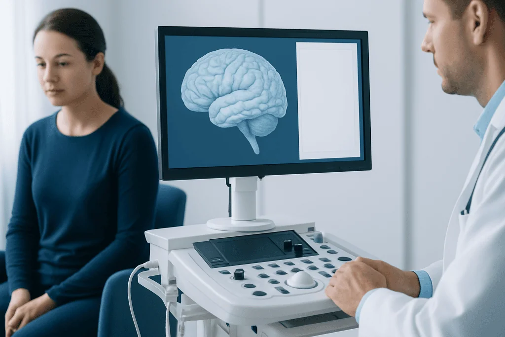 Medical professional performing brain scan on patient in clinic.