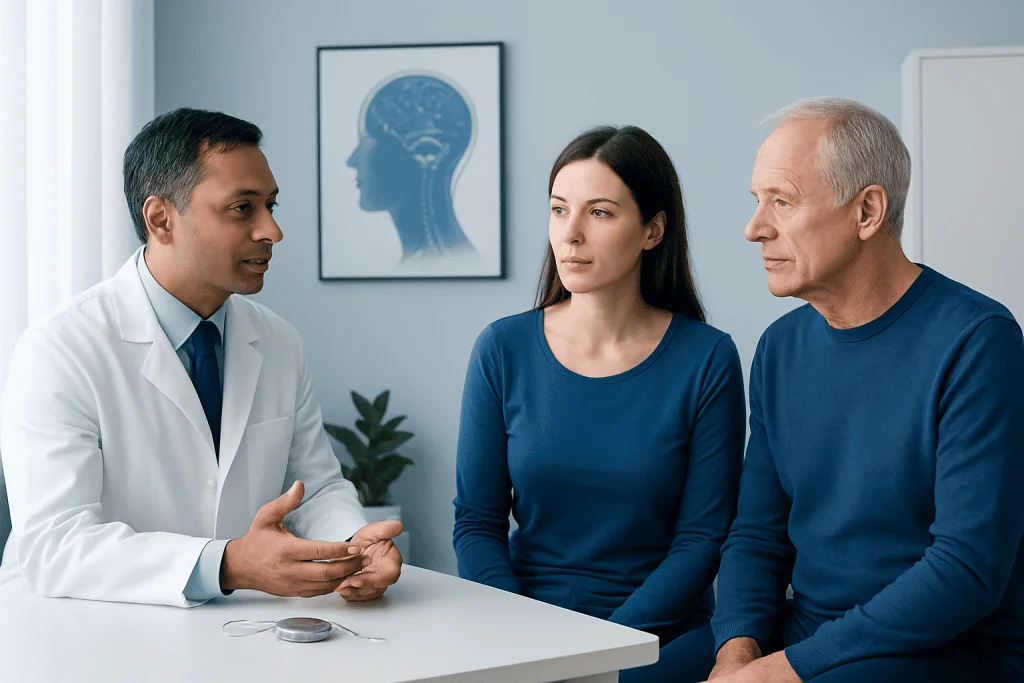Doctor explaining treatment options to a patient in a medical consultation room.