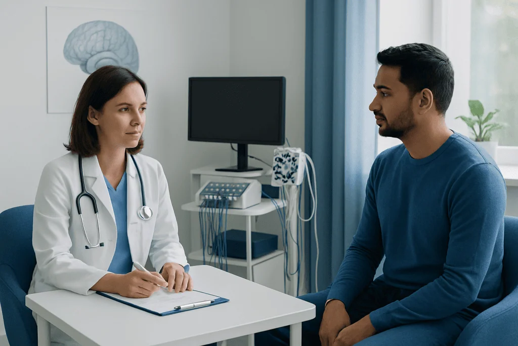 Doctor consulting patient in a medical office with neurophysiological testing equipment.