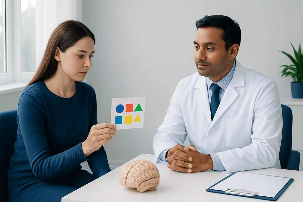 Neuropsychological assessment with a patient and doctor in a clinical setting.