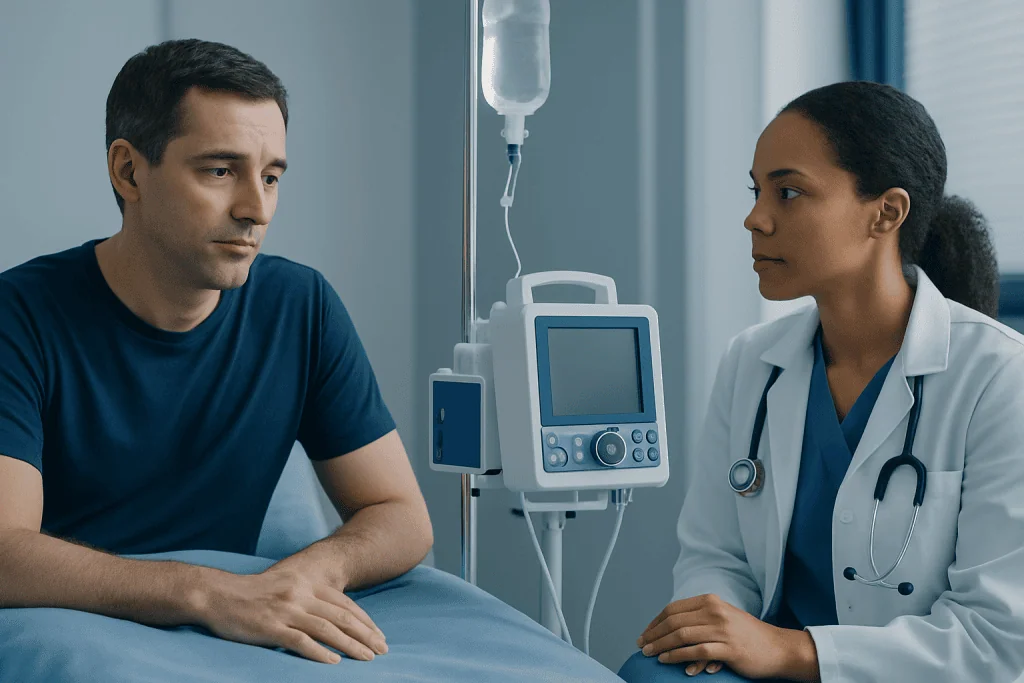 Doctor consulting patient in hospital room with medical equipment.