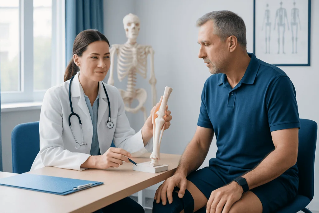 Orthopedic consultation with a doctor explaining a bone model to a patient.