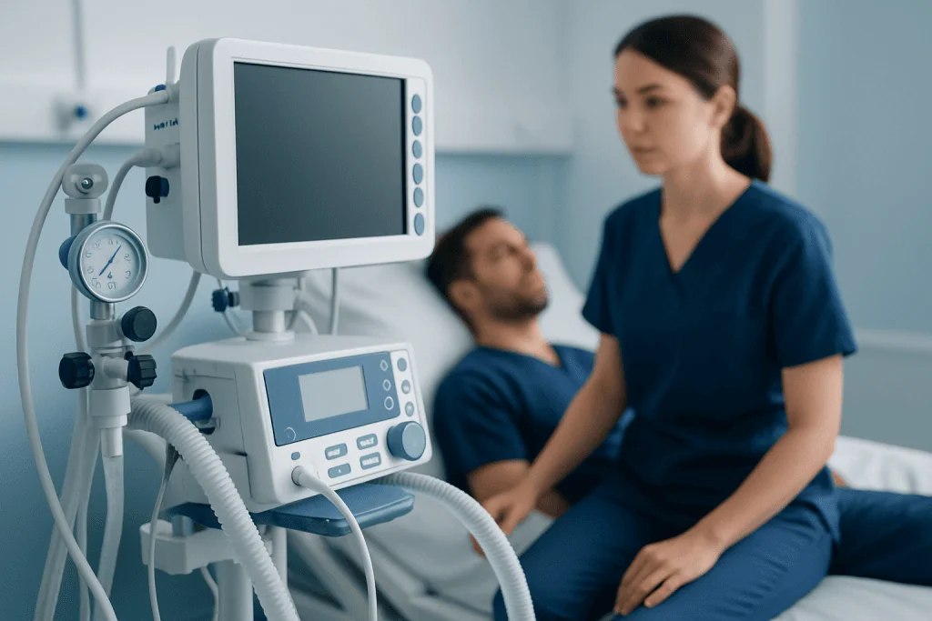 Medical staff monitoring patient in hospital bed with ventilator equipment.
