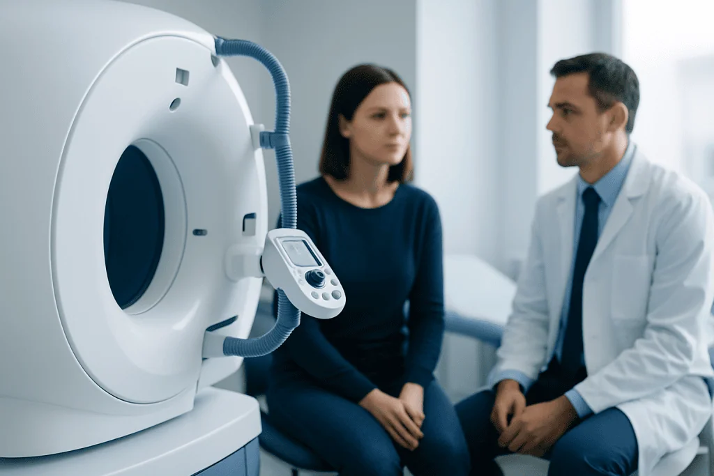 Doctor explaining MRI scan results to a patient in a hospital setting.