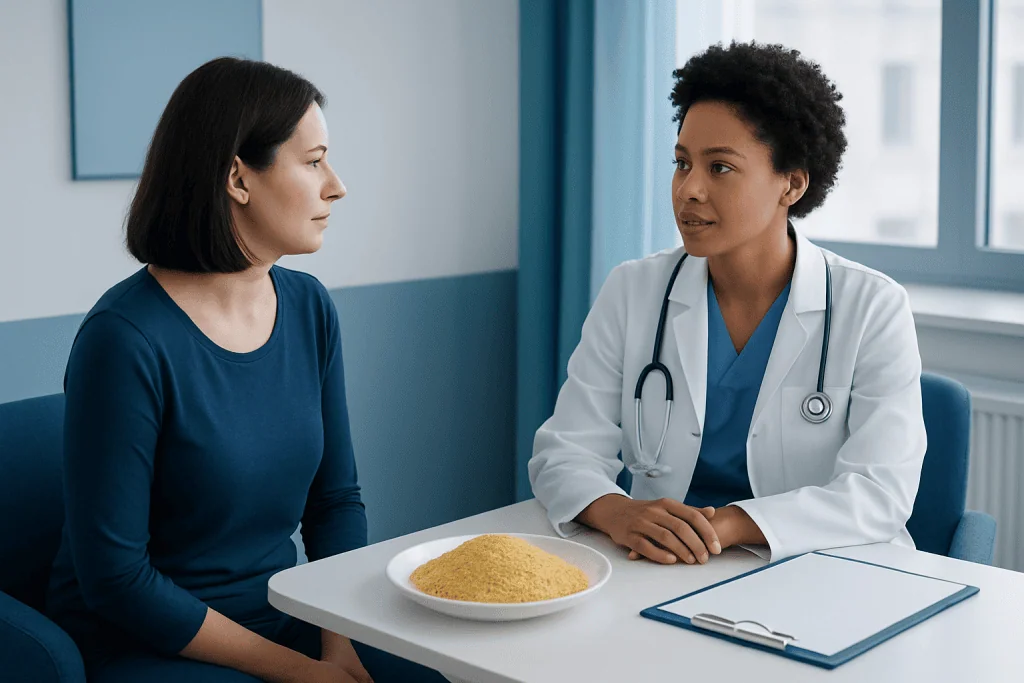 Doctor consulting with patient about nutritional health in a clinic setting.