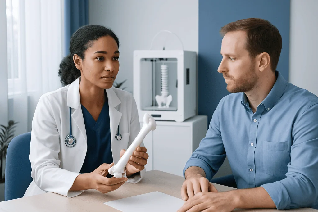 Doctor explaining 3D printed medical model to patient in clinic.