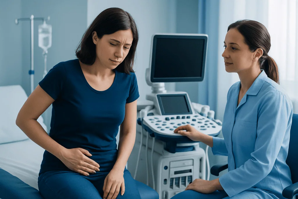 Woman consulting with doctor about urinary health in hospital room.
