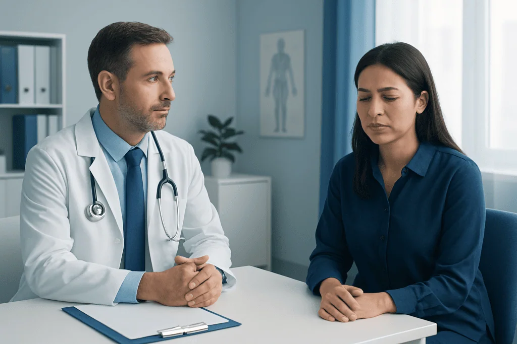 Doctor consulting with a patient in a medical office setting.