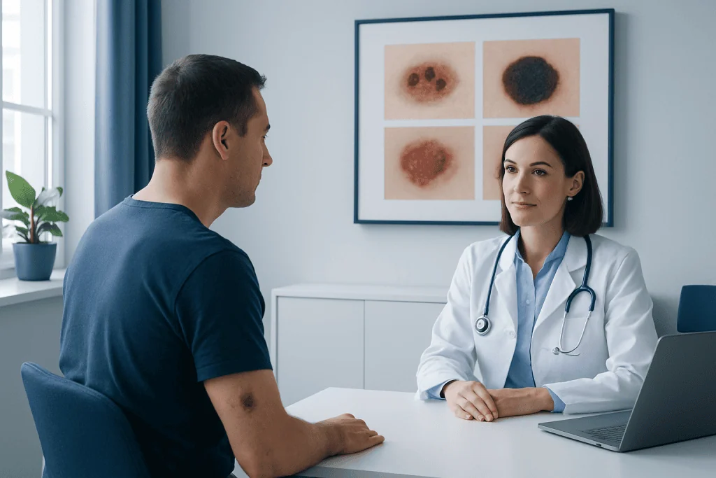 Dermatologist consults with patient about skin cancer at clinic.