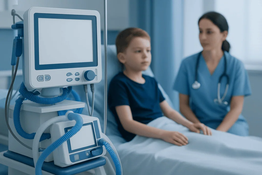 Child in hospital bed with medical equipment and nurse in background.