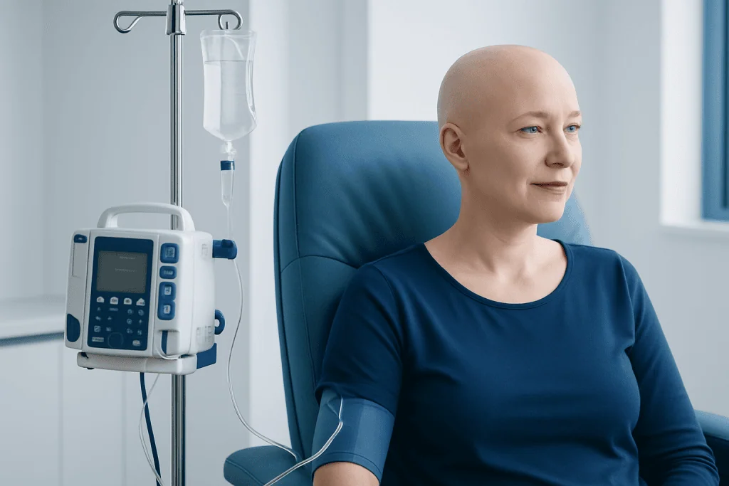 Cancer patient receiving chemotherapy infusion at Acibadem Hospital.