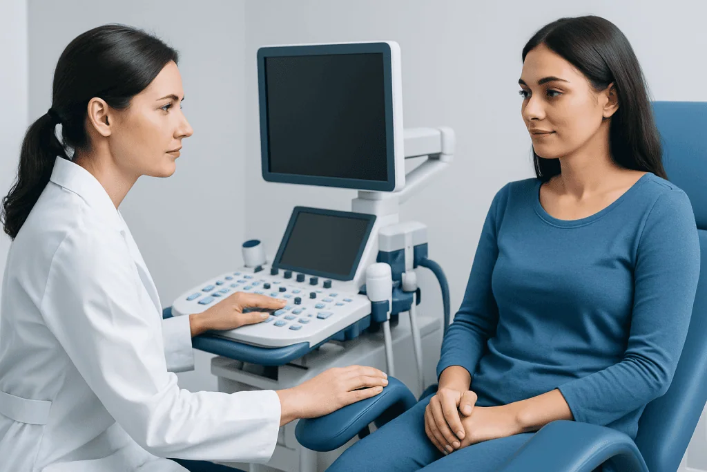 Doctor performing an ultrasound exam on a female patient in a clinic.