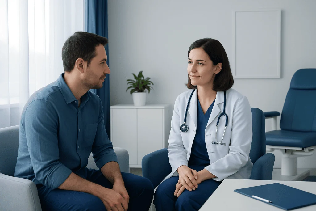 Doctor consulting with a patient in a modern hospital room.