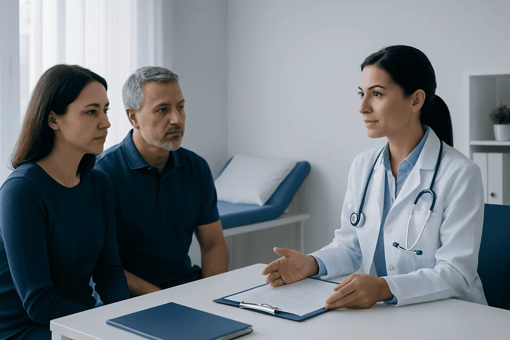 Doctor consulting with a couple in a modern medical office.