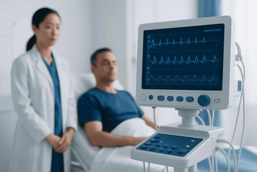 Medical professional monitoring patient with ECG machine in hospital.