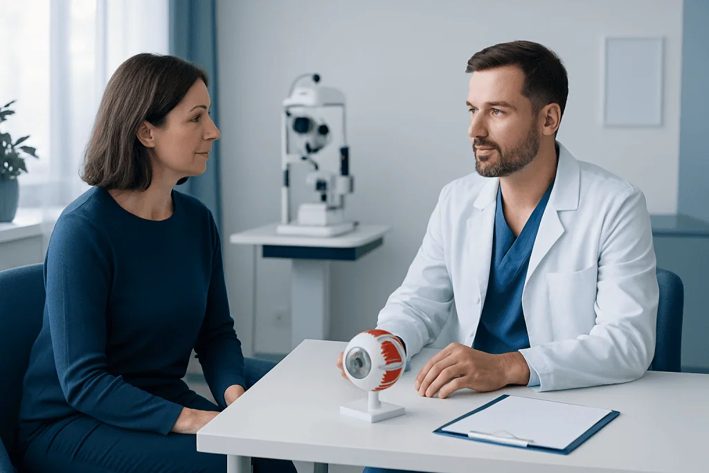 Ophthalmologist explaining eye health to a patient in a clinic setting.