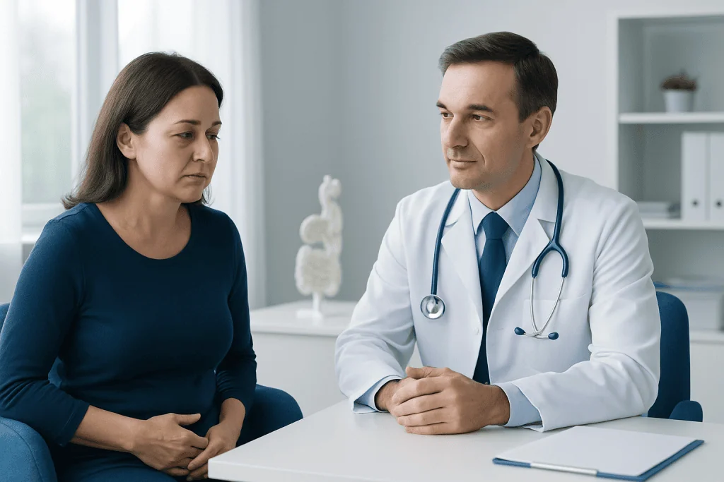 Doctor consulting with a female patient in a modern clinic setting.