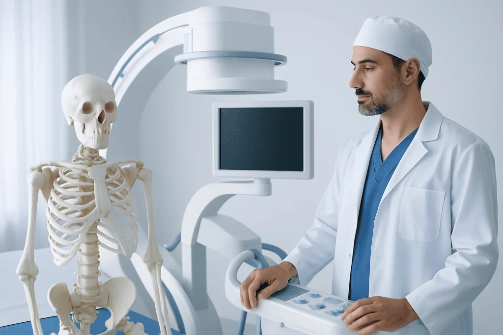 Medical professional operating imaging equipment with skeleton model in hospital.