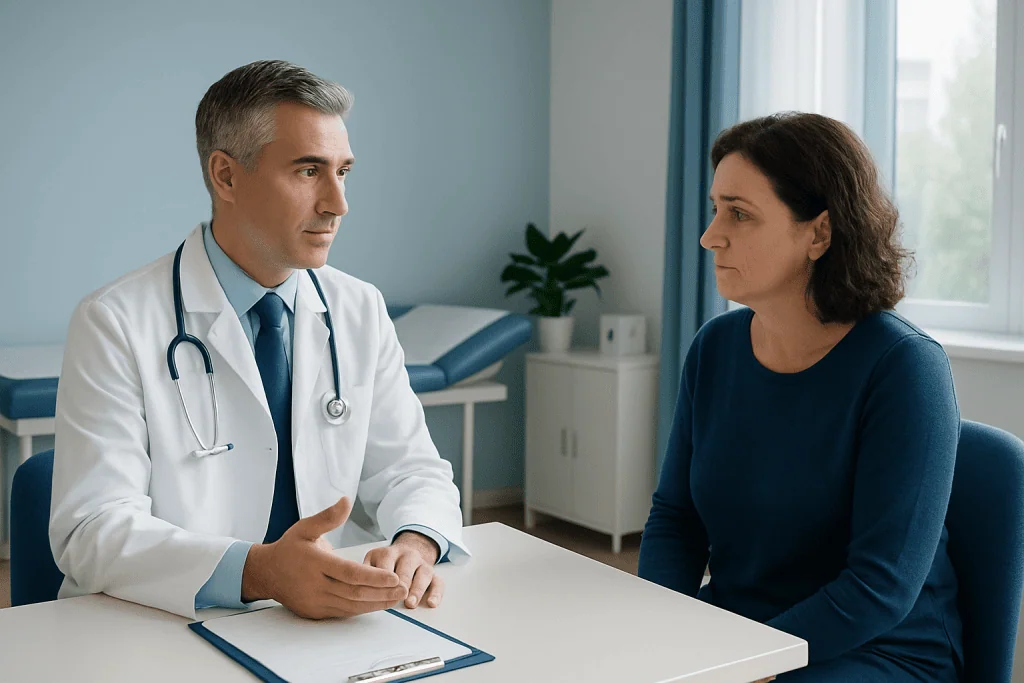Doctor consulting with a patient in a medical office setting.