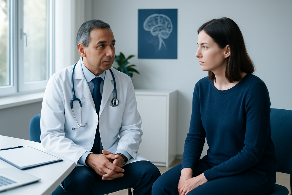 Doctor consulting with a female patient in a medical office setting.