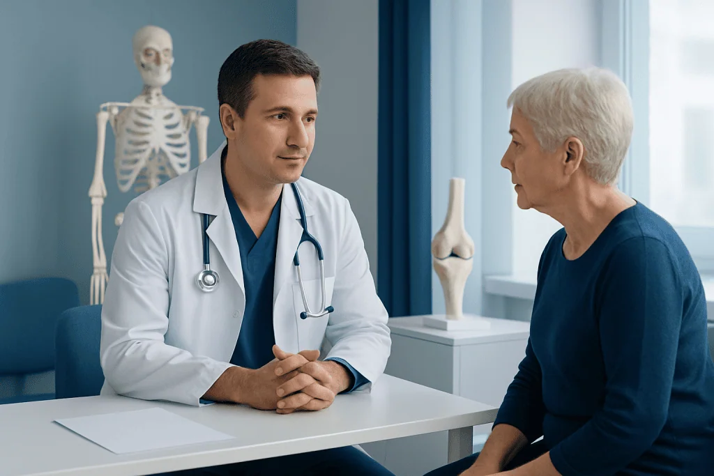 Doctor consulting with elderly patient in a medical office.