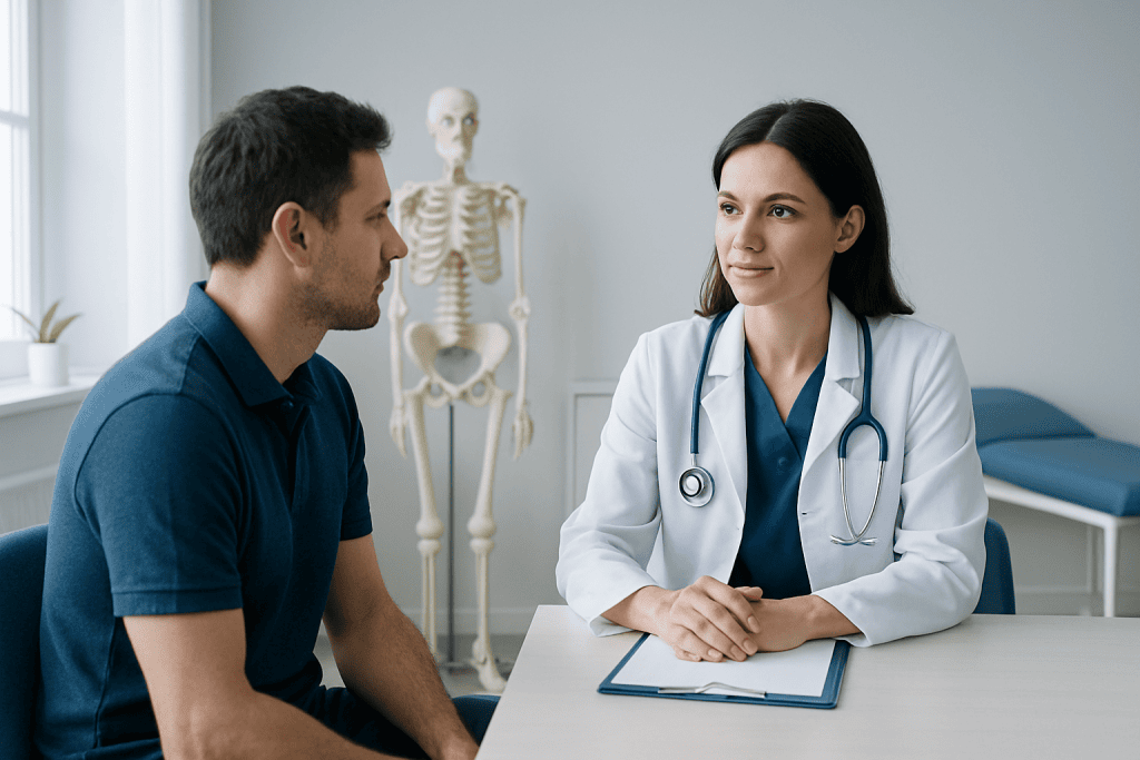 Doctor consulting patient in a medical office with skeleton model in background.