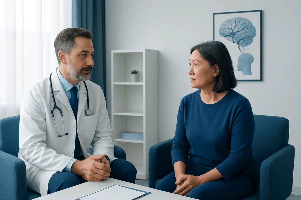 Doctor consulting with a female patient in a modern clinic room.