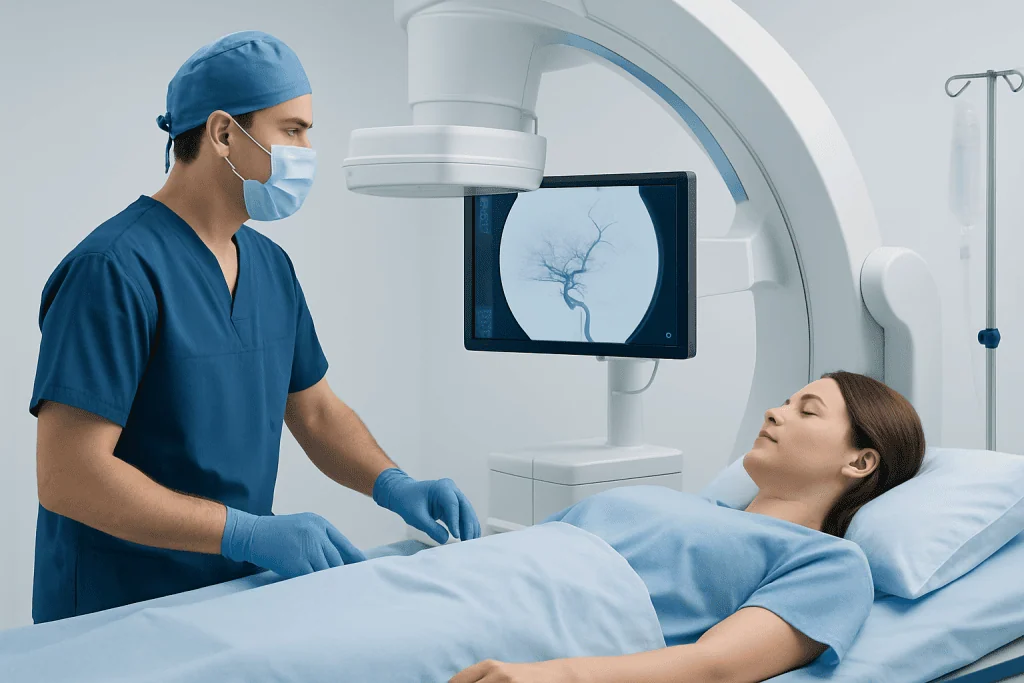 Interventional radiologist preparing for neurovascular procedure in hospital.
