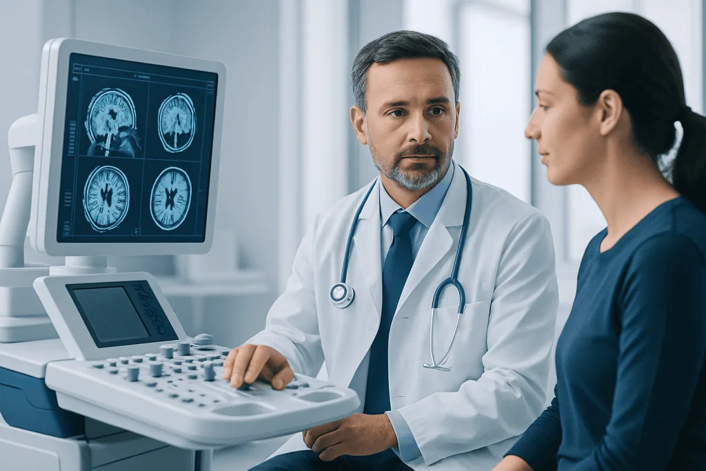 Neurologist consulting with a patient about brain scan results at Acibadem Hospital.