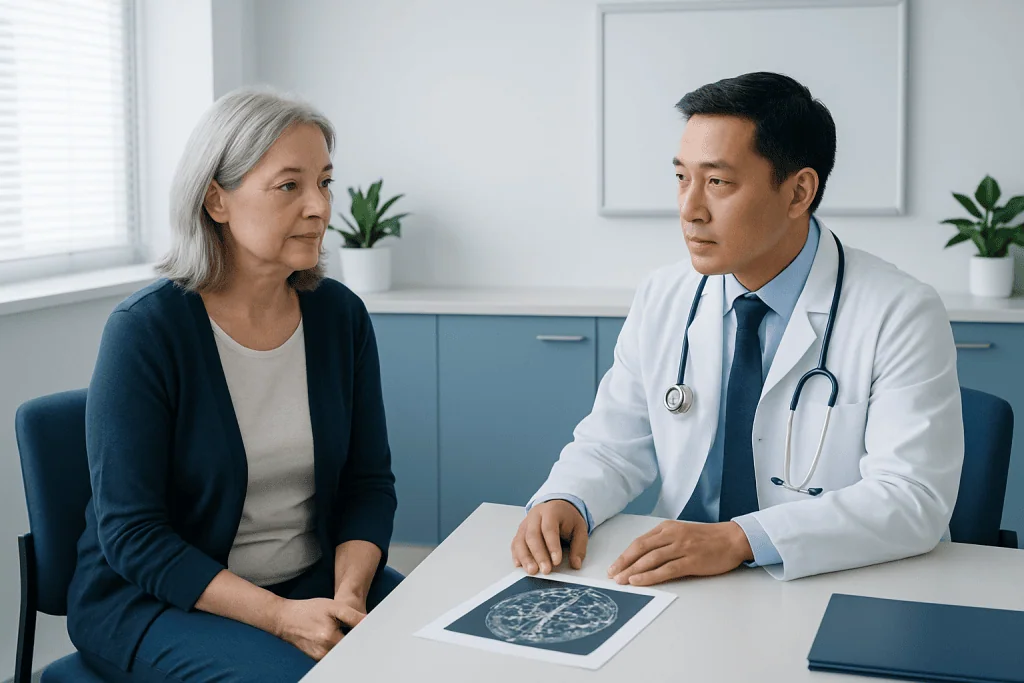Doctor consulting with an elderly female patient in a medical office.