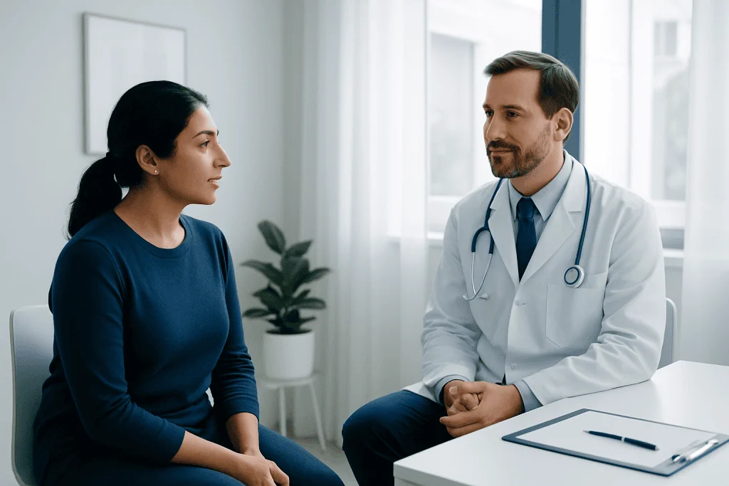 Doctor consulting with a patient in a modern medical office.