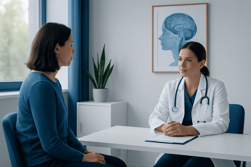 Doctor consulting with patient in a medical office with brain diagram.