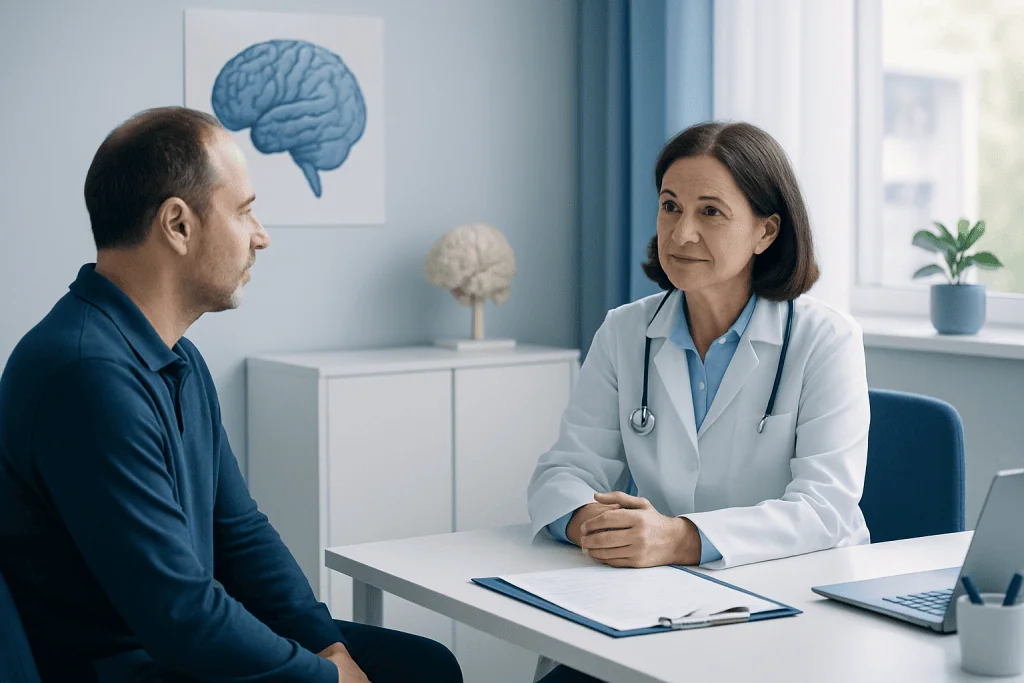 Doctor consulting with patient about neurological health in clinic.