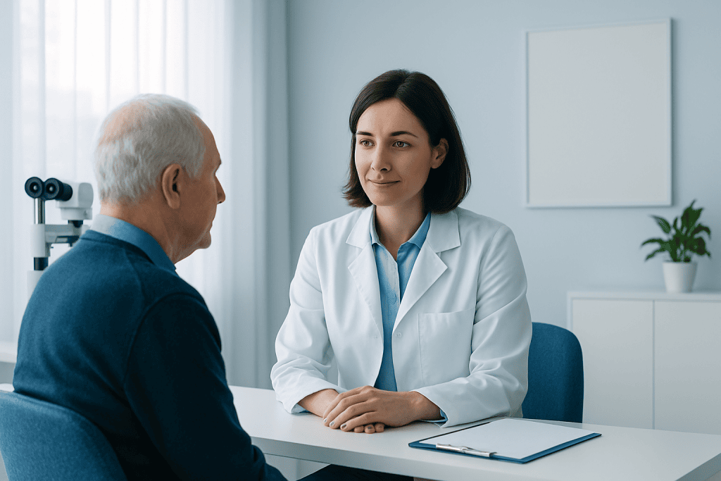 Ophthalmologist consulting with an elderly patient in a clinic setting.