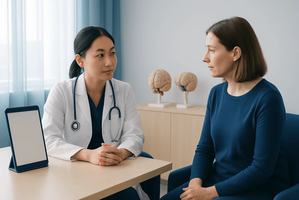 Doctor consulting with patient in a medical office with brain models in background.