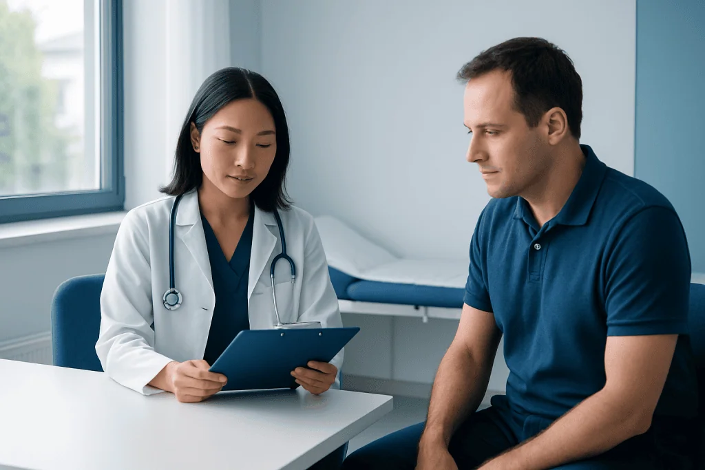 Doctor consulting with a patient in a hospital room.