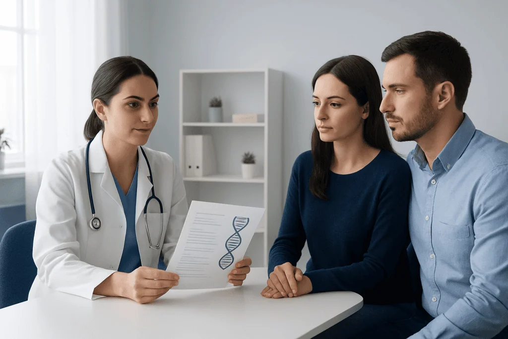 Doctor explaining genetic testing results to a couple in a clinic setting.