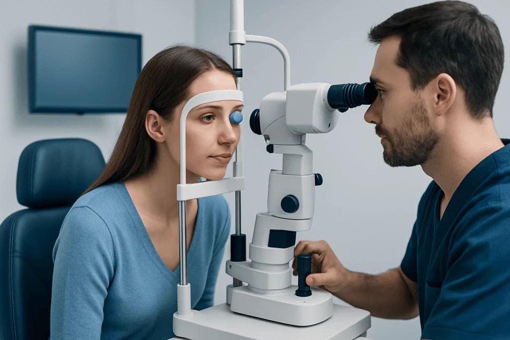 Optometrist performs eye examination using slit lamp on patient.