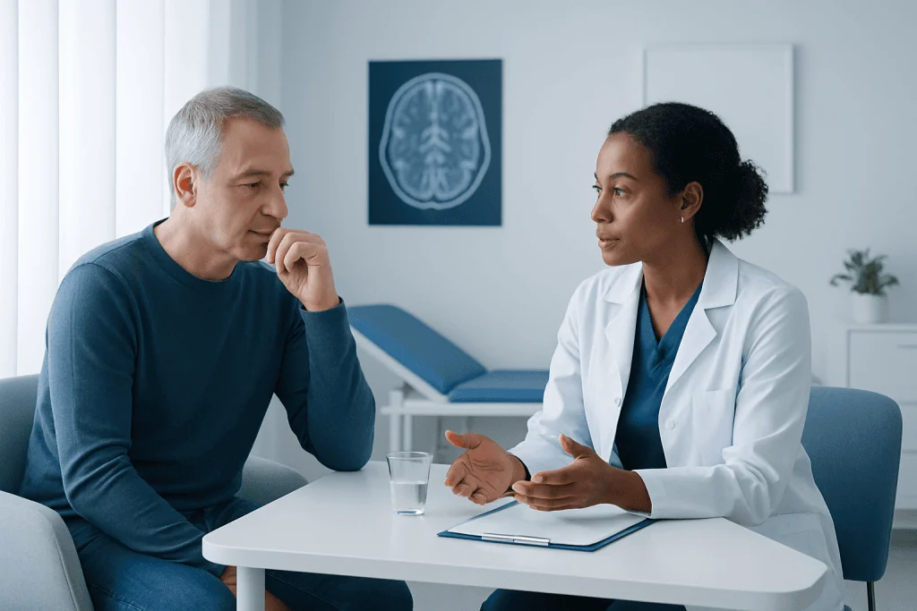 Doctor consulting with a patient in a medical office setting.