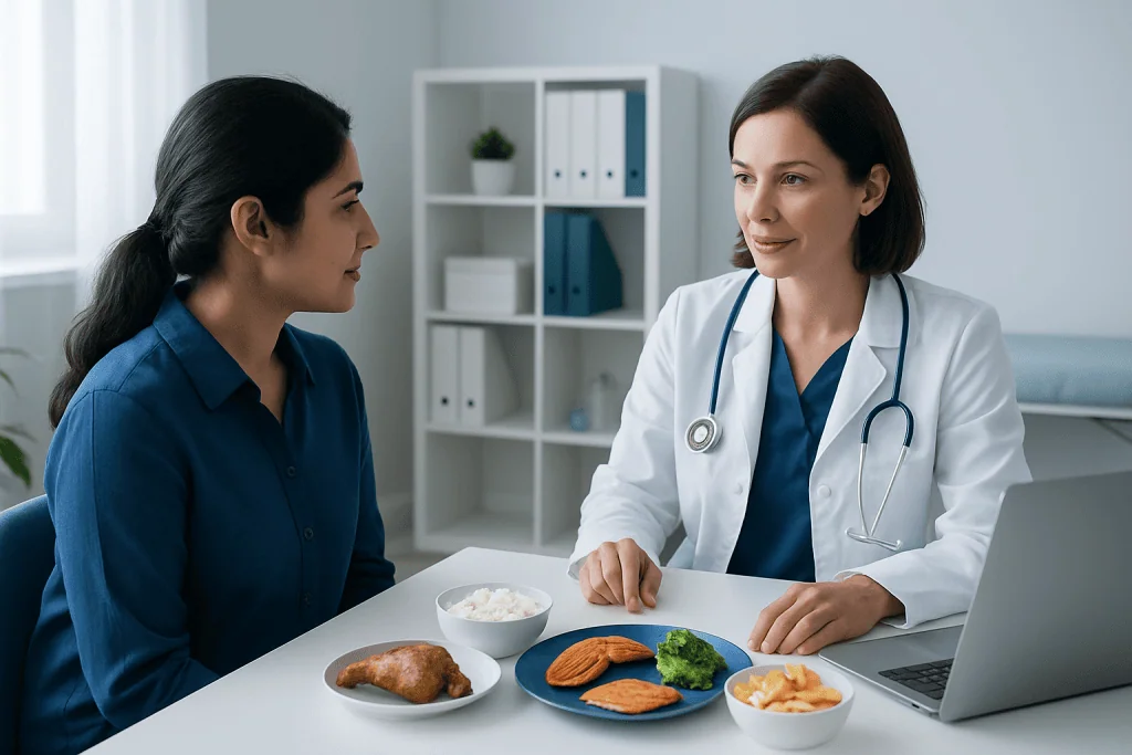 Doctor consulting patient about healthy eating and portion control.